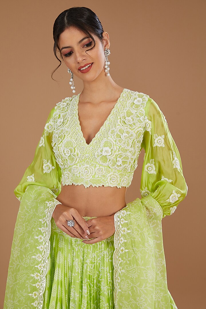 Lime Green Kora Silk Block Printed Wedding Lehenga Set by Prisha's at Pernia's Pop Up Shop