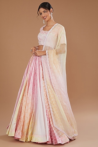 Peach-Pink Kora Silk Block Printed Lehenga Set by Prisha's