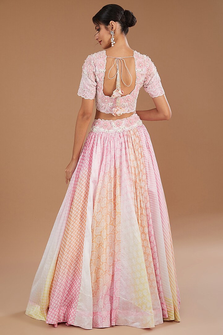 Peach-Pink Kora Silk Block Printed Wedding Lehenga Set by Prisha's at Pernia's Pop Up Shop