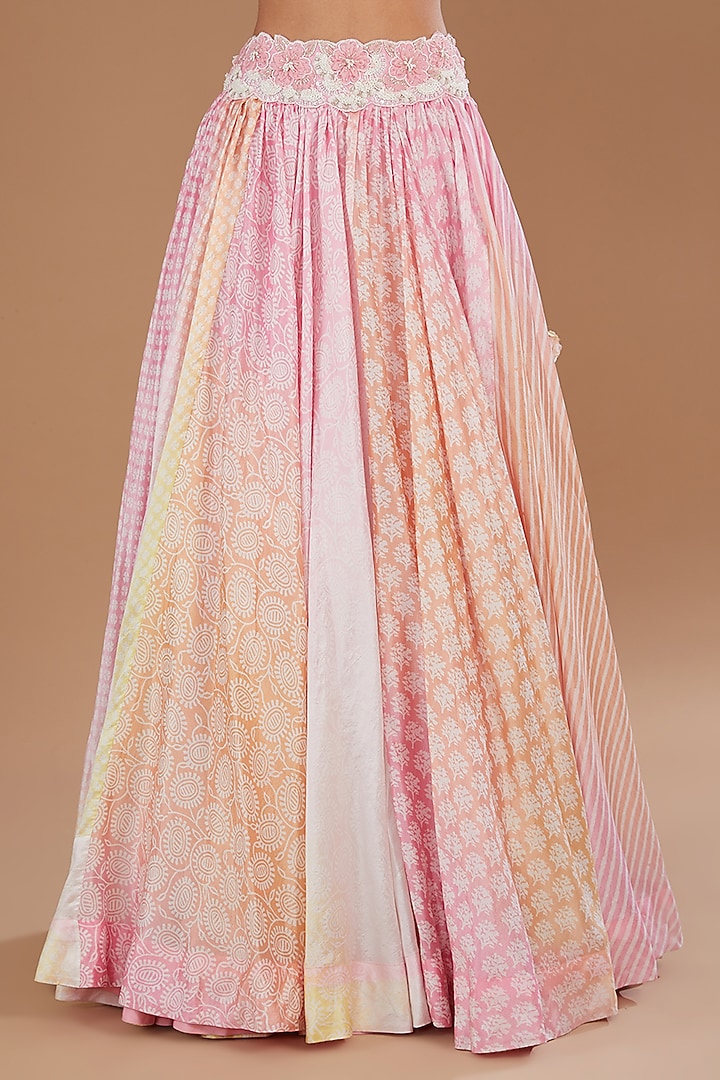 Peach-Pink Kora Silk Block Printed Wedding Lehenga Set by Prisha's at Pernia's Pop Up Shop