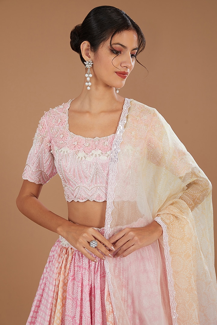Peach-Pink Kora Silk Block Printed Wedding Lehenga Set by Prisha's at Pernia's Pop Up Shop