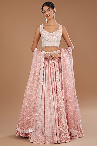 Pink Kora Silk Block Printed Lehenga Set by Prisha's