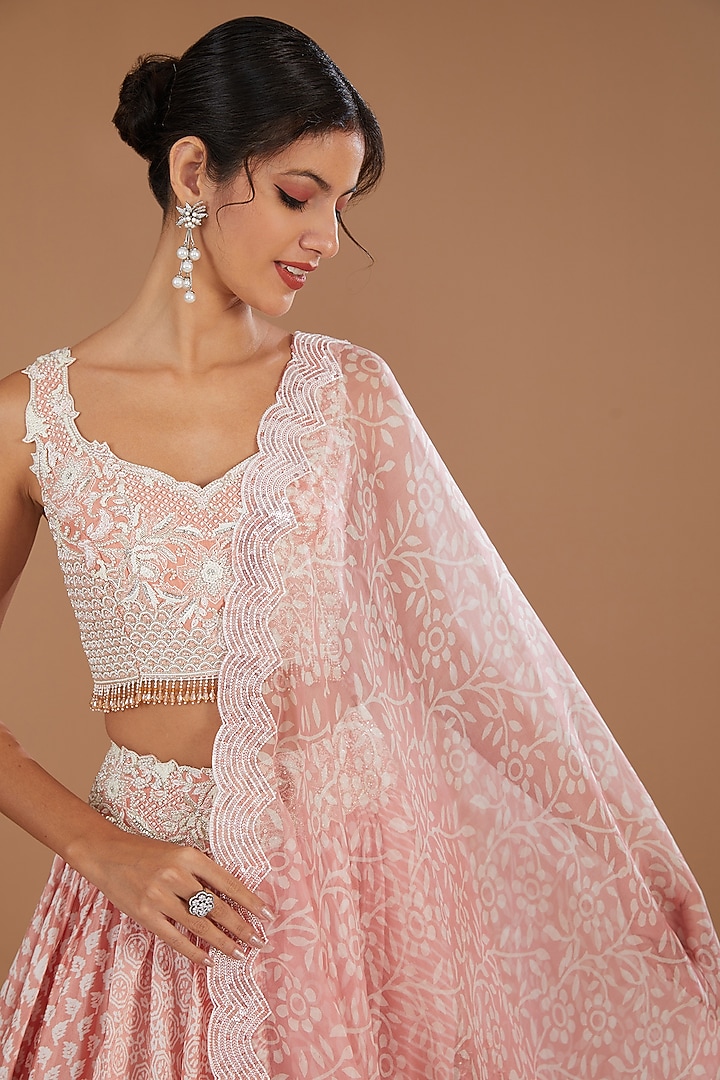 Pink Kora Silk Block Printed Wedding Lehenga Set by Prisha's at Pernia's Pop Up Shop