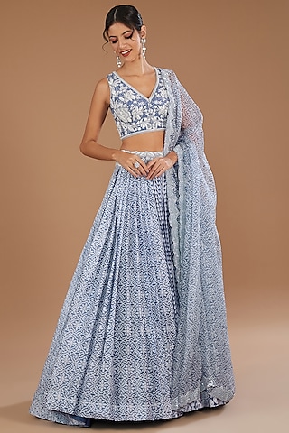 Blue Kora Silk Block Printed Pleated Lehenga Set by Prisha's