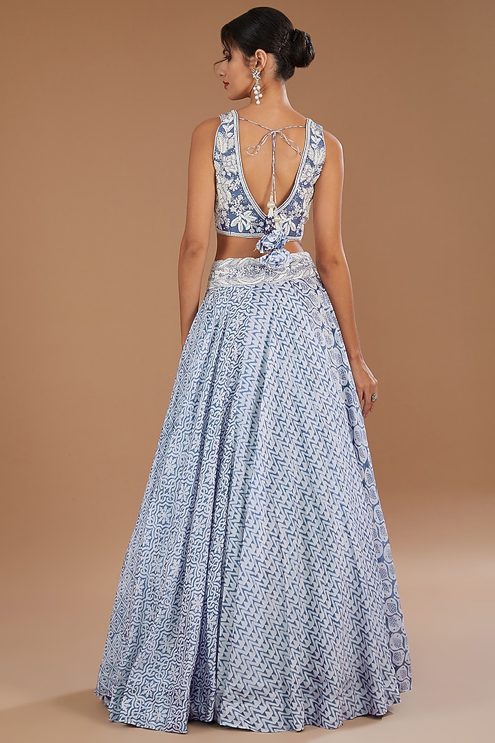 Blue Kora Silk Block Printed Pleated Wedding Lehenga Set by Prisha's at Pernia's Pop Up Shop