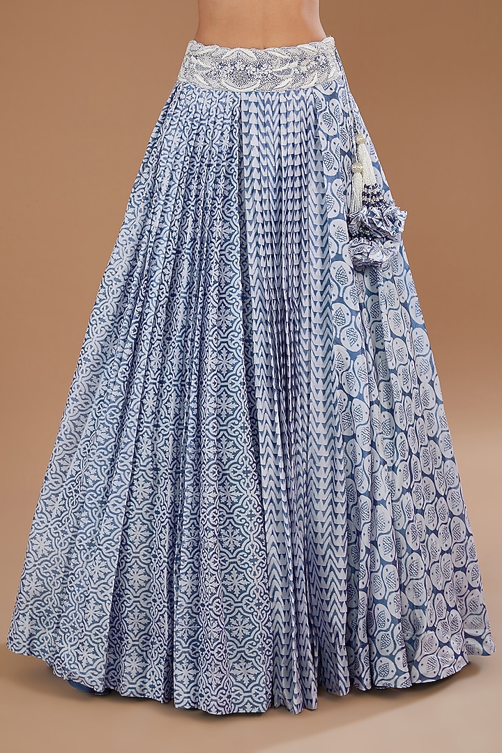Blue Kora Silk Block Printed Pleated Wedding Lehenga Set by Prisha's at Pernia's Pop Up Shop