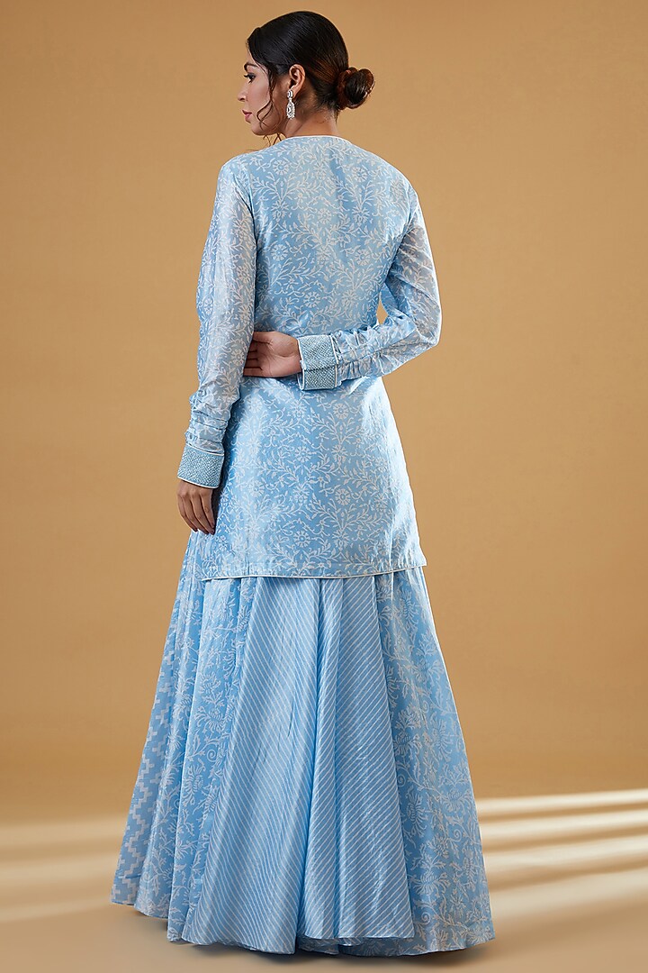 Blue Kora Silk Block Printed & Floral Embroidered Kurta Set by Prisha's at Pernia's Pop Up Shop