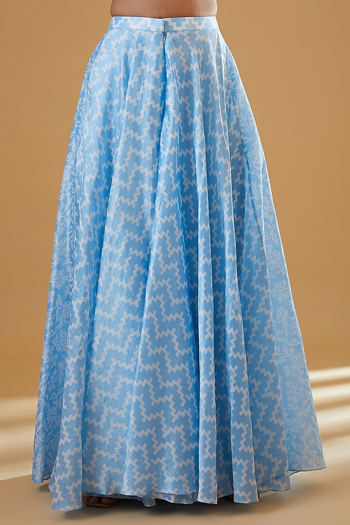 Blue Kora Silk Block Printed & Floral Embroidered Kurta Set by Prisha's at Pernia's Pop Up Shop