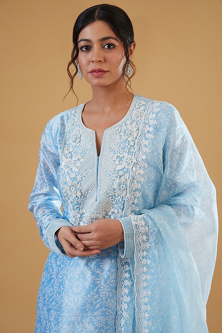 Blue Kora Silk Block Printed & Floral Embroidered Kurta Set by Prisha's at Pernia's Pop Up Shop