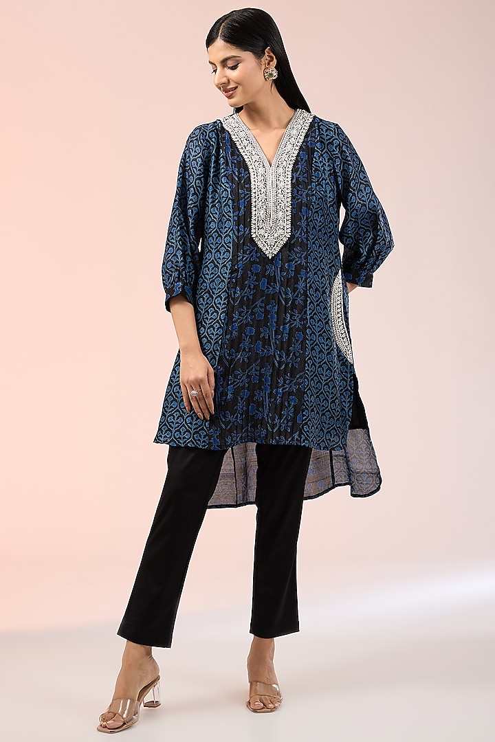 Indigo Blue Kora Silk Printed & Embroidered Kurta Set by Prisha's at Pernia's Pop Up Shop