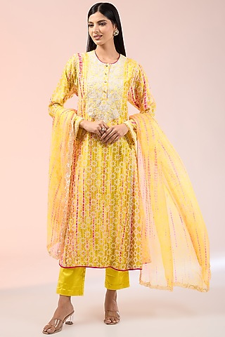 Yellow & White Kora Silk Tie-Dye Printed Kalidar Kurta Set by Prisha's