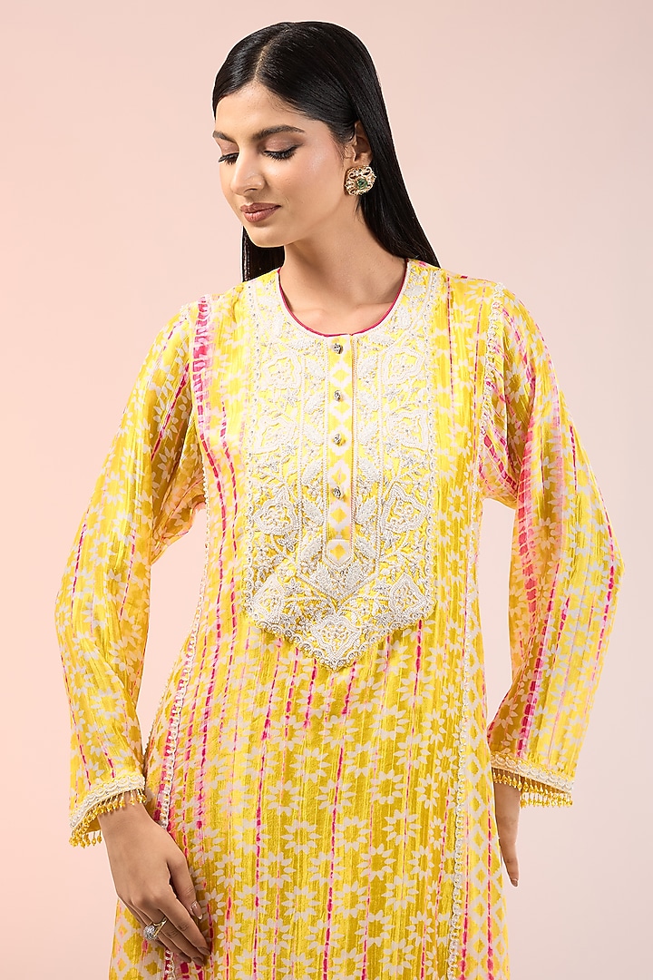 Yellow & White Kora Silk Tie-Dye Printed Kalidar Kurta Set by Prisha's at Pernia's Pop Up Shop