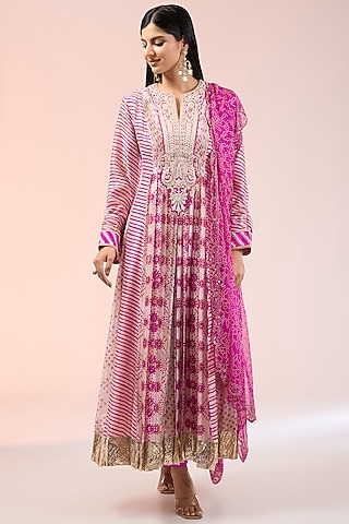 Pink Kora Silk Printed & Embroidered Pleated Kurta Set by Prisha's