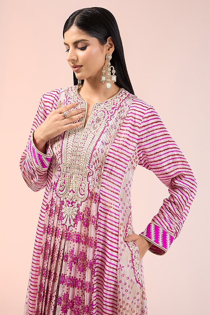 Pink Kora Silk Printed & Embroidered Pleated Kurta Set by Prisha's at Pernia's Pop Up Shop