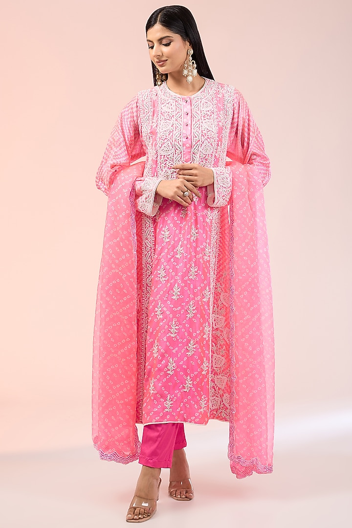 Pink Kora Silk Printed & Embroidered Kalidar Kurta Set by Prisha's at Pernia's Pop Up Shop