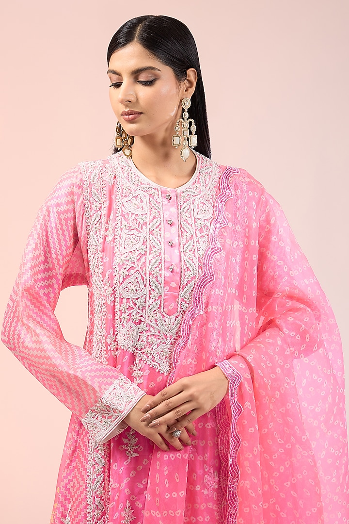 Pink Kora Silk Printed & Embroidered Kalidar Kurta Set by Prisha's at Pernia's Pop Up Shop