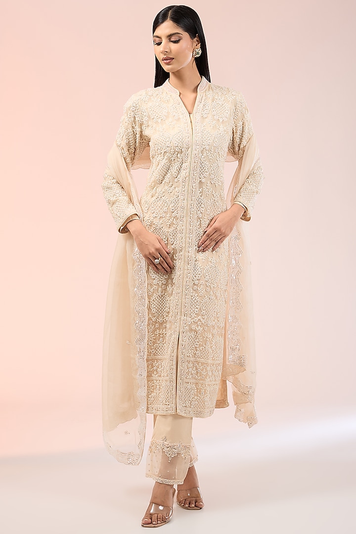 Beige Silk Hand Embroidered Kurta Set by Prisha's at Pernia's Pop Up Shop