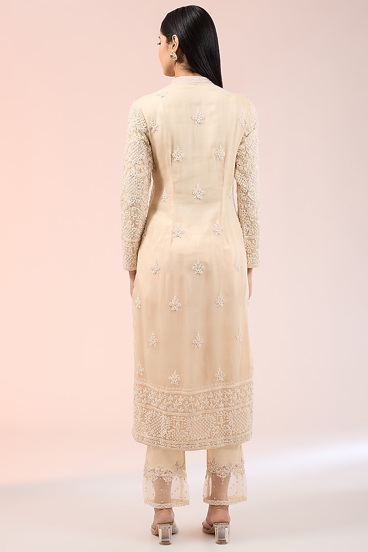 Beige Silk Hand Embroidered Kurta Set by Prisha's at Pernia's Pop Up Shop