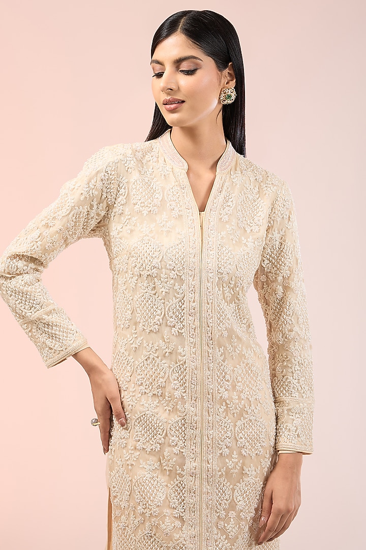 Beige Silk Hand Embroidered Kurta Set by Prisha's at Pernia's Pop Up Shop