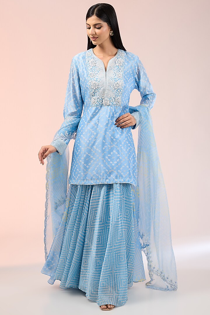 Blue Kora Silk Printed Palazzo Pant Set by Prisha's at Pernia's Pop Up Shop