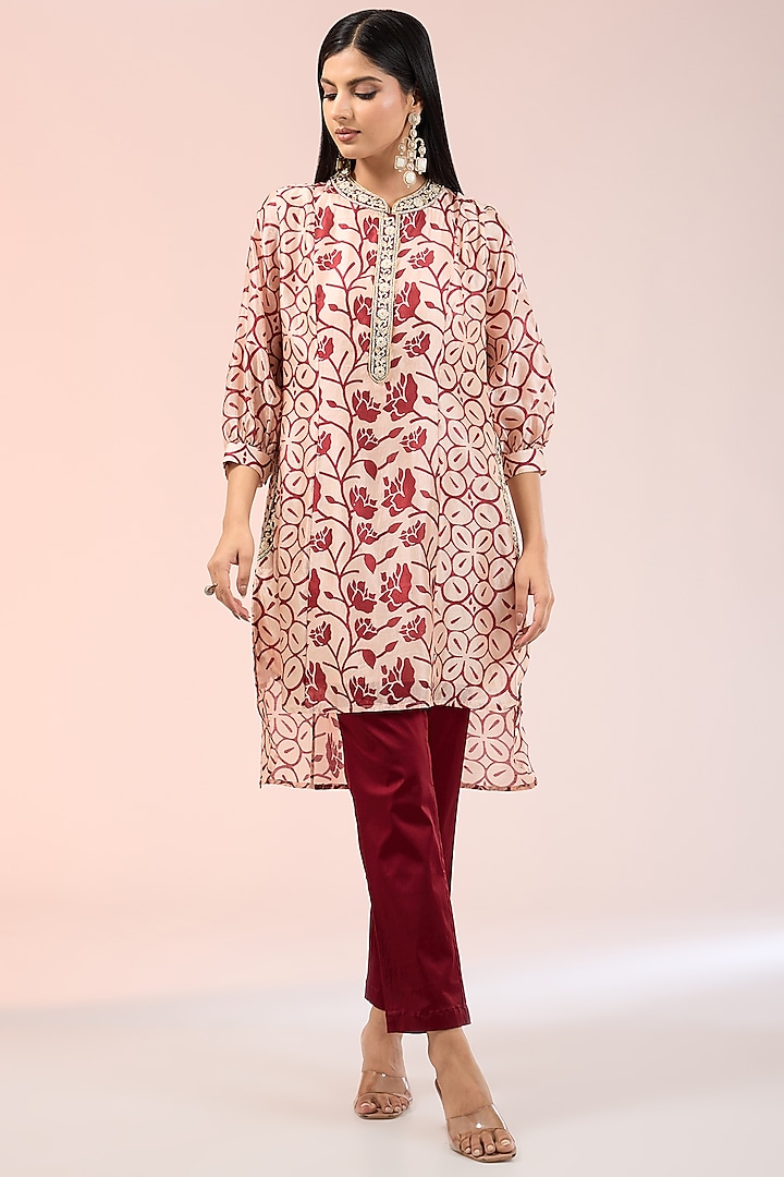 Maroon Kora Silk Printed & Embroidered Kurta Set by Prisho at Pernia's Pop Up Shop