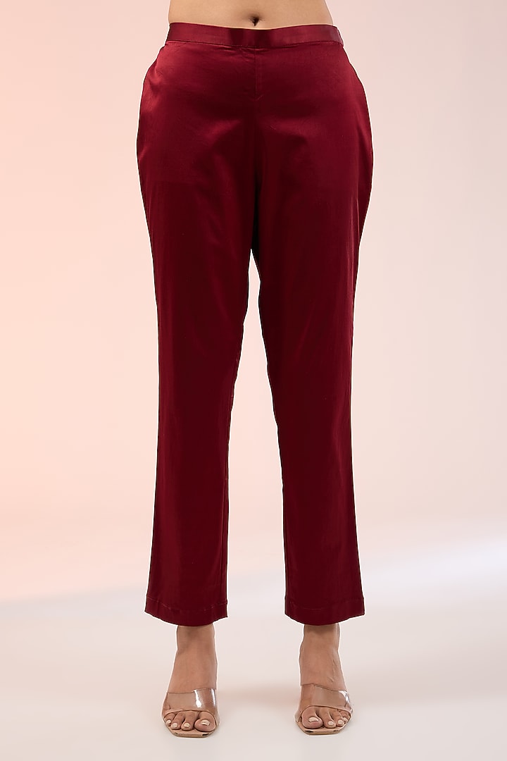 Maroon Kora Silk Printed & Embroidered Kurta Set by Prisha's at Pernia's Pop Up Shop