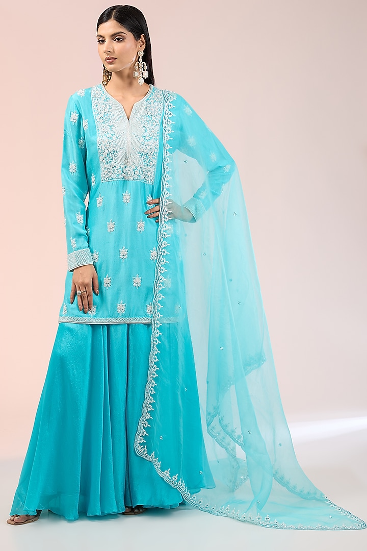 Blue Silk Organza Palazzo Pant Set by Prisha's at Pernia's Pop Up Shop