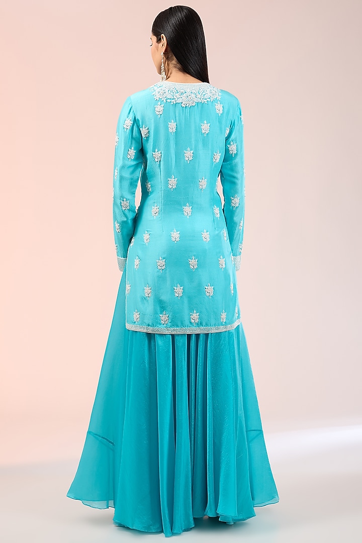 Blue Silk Organza Palazzo Pant Set by Prisha's at Pernia's Pop Up Shop