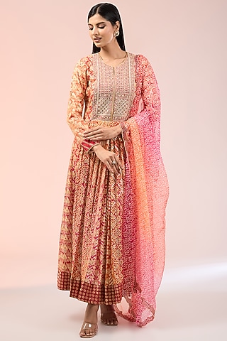 Red & Orange Chanderi Banarasi Zardosi Embroidered Kurta Set by Prisha's