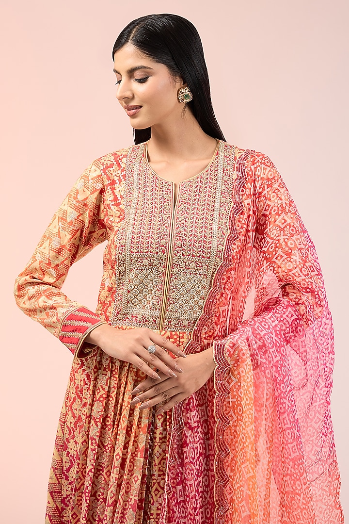 Red & Orange Chanderi Banarasi Zardosi Embroidered Kurta Set by Prisha's at Pernia's Pop Up Shop
