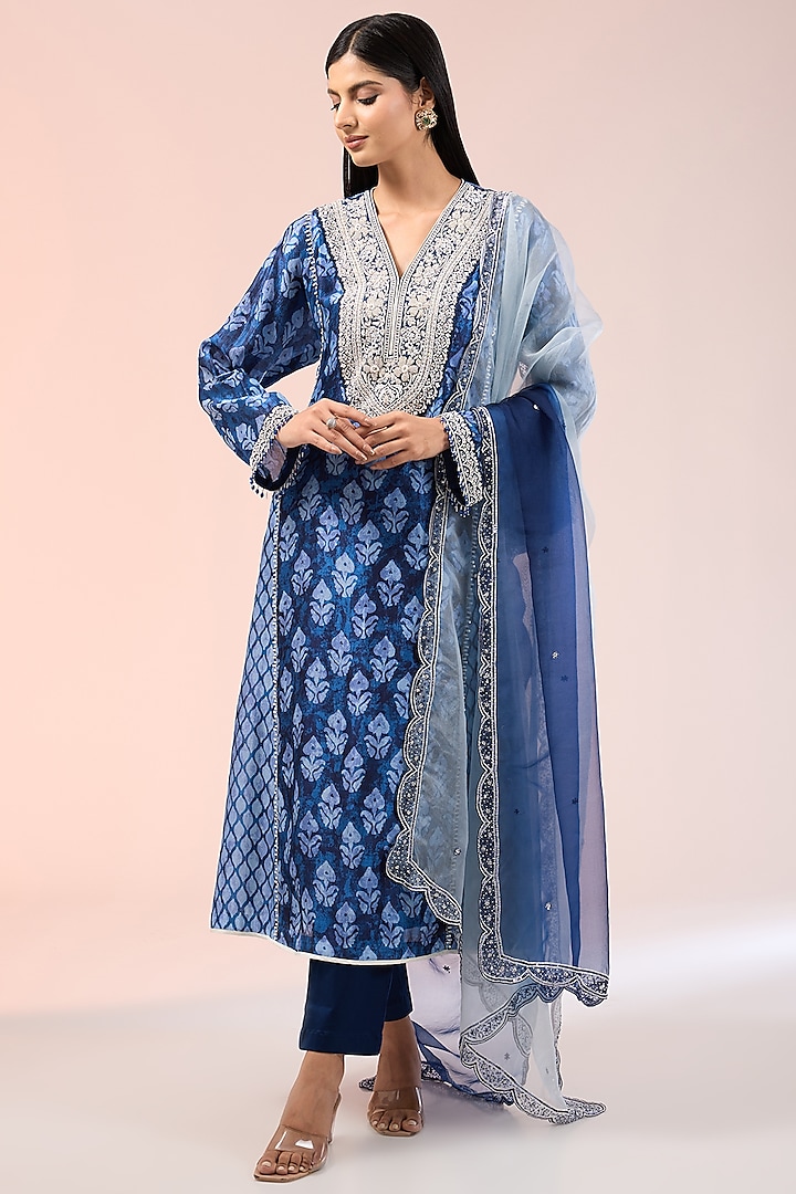 Blue Kora Silk Printed & Embroidered Kalidar Kurta Set by Prisho at Pernia's Pop Up Shop