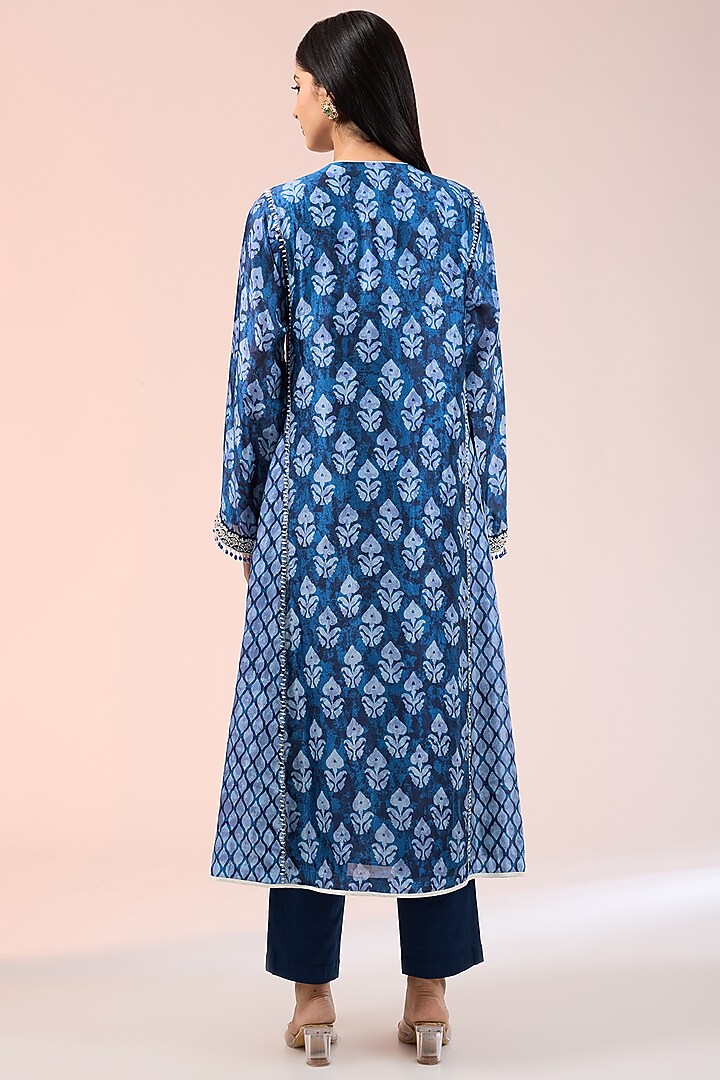 Blue Kora Silk Printed & Embroidered Kalidar Kurta Set by Prisha's at Pernia's Pop Up Shop