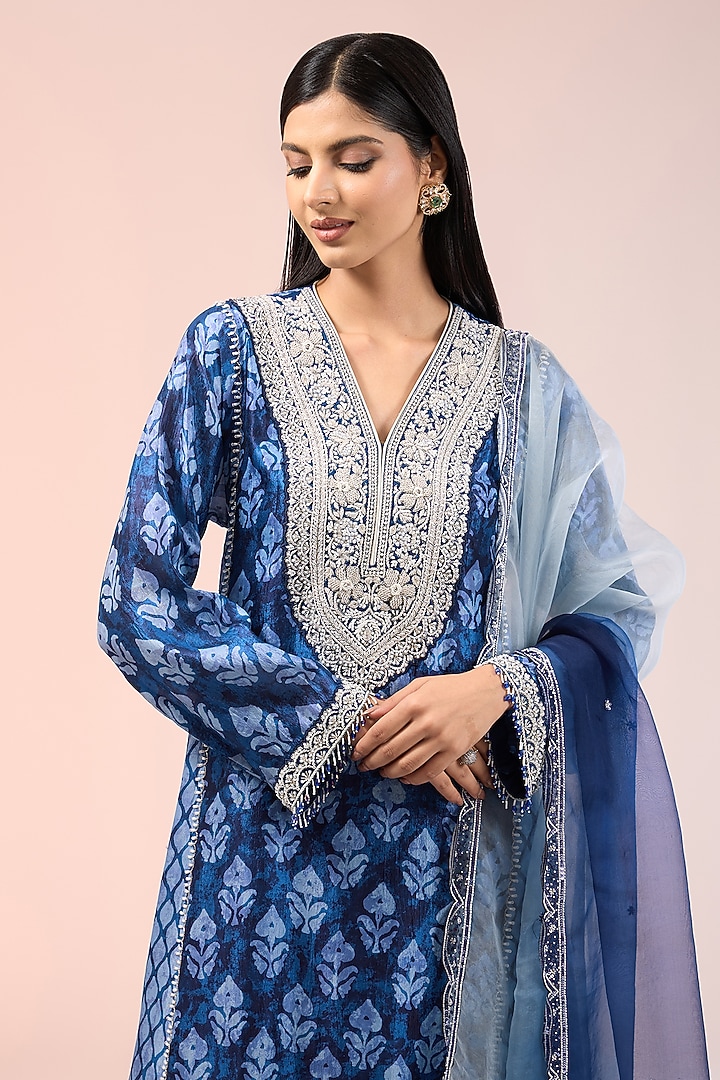 Blue Kora Silk Printed & Embroidered Kalidar Kurta Set by Prisha's at Pernia's Pop Up Shop