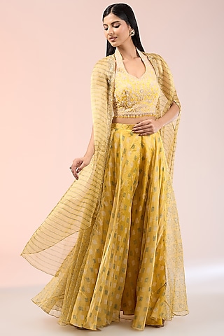 Yellow Tissue Organza Printed Palazzo Pant Set by Prisha's