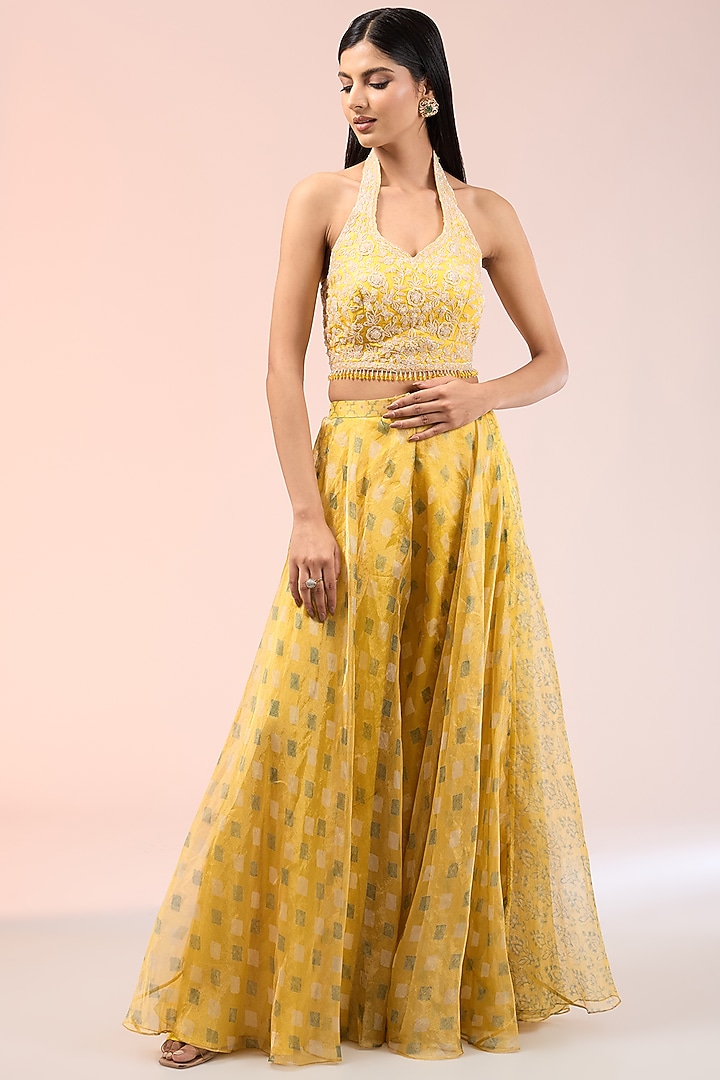 Yellow Tissue Organza Printed Palazzo Pant Set by Prisha's at Pernia's Pop Up Shop