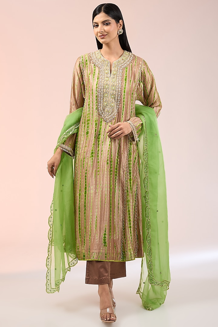 Green & Brown Kora Silk Tie-Dye Printed Kalidar Kurta Set by Prisho at Pernia's Pop Up Shop