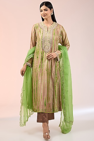 Green & Brown Kora Silk Tie-Dye Printed Kalidar Kurta Set by Prisha's