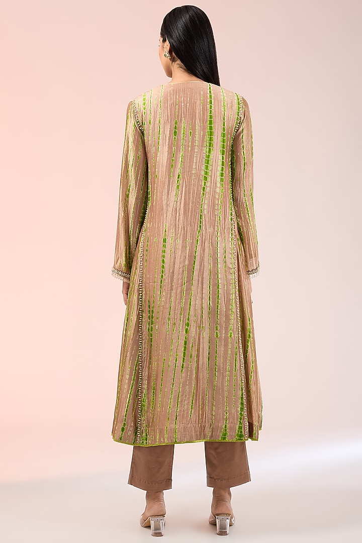Green & Brown Kora Silk Tie-Dye Printed Kalidar Kurta Set by Prisha's at Pernia's Pop Up Shop