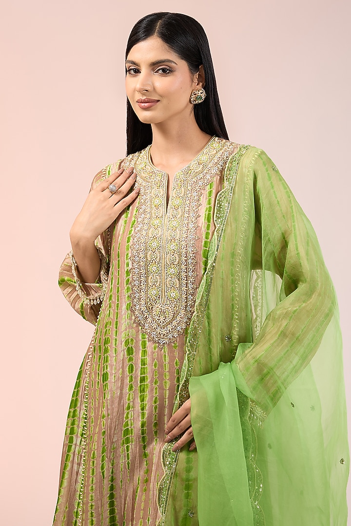 Green & Brown Kora Silk Tie-Dye Printed Kalidar Kurta Set by Prisha's at Pernia's Pop Up Shop