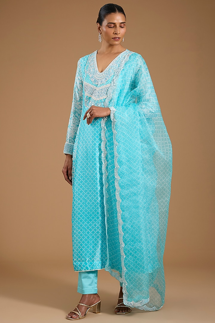 Blue Kora Silk Printed & Embroidered Kurta Set by Prisha's at Pernia's Pop Up Shop