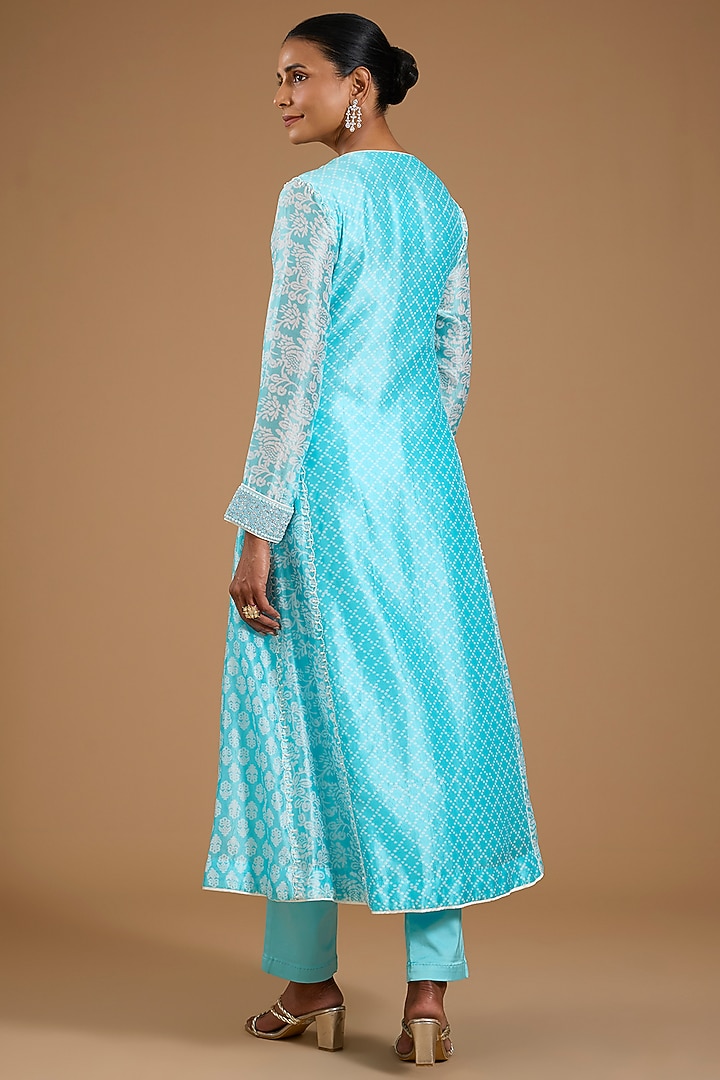 Blue Kora Silk Printed & Embroidered Kurta Set by Prisha's at Pernia's Pop Up Shop