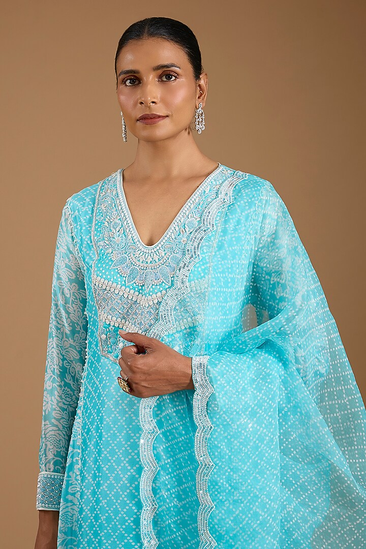 Blue Kora Silk Printed & Embroidered Kurta Set by Prisha's at Pernia's Pop Up Shop