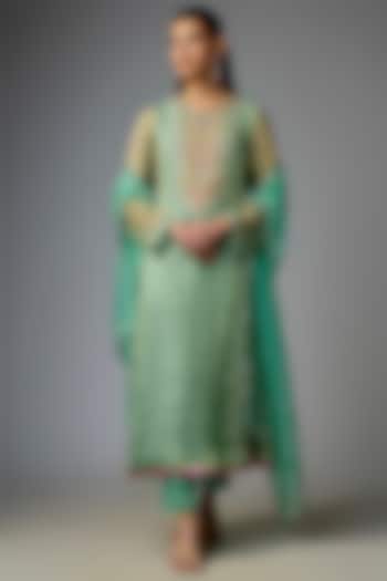 Green Tissue Organza Printed & Sequin Embroidered Kalidar Kurta Set by Prisha's at Pernia's Pop Up Shop