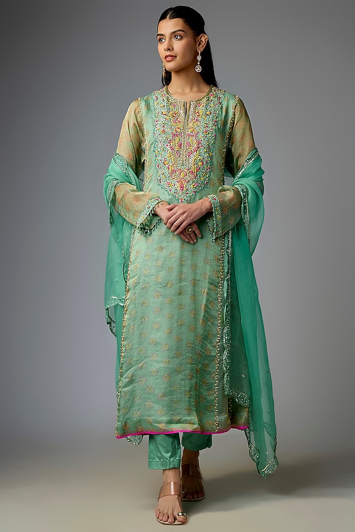 Green Tissue Organza Printed & Sequin Embroidered Kalidar Kurta Set by Prisha's at Pernia's Pop Up Shop