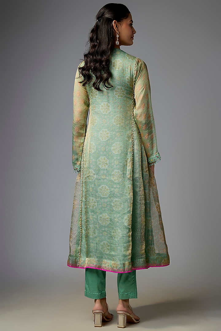 Green Tissue Organza Printed & Sequin Embroidered Kalidar Kurta Set by Prisha's at Pernia's Pop Up Shop
