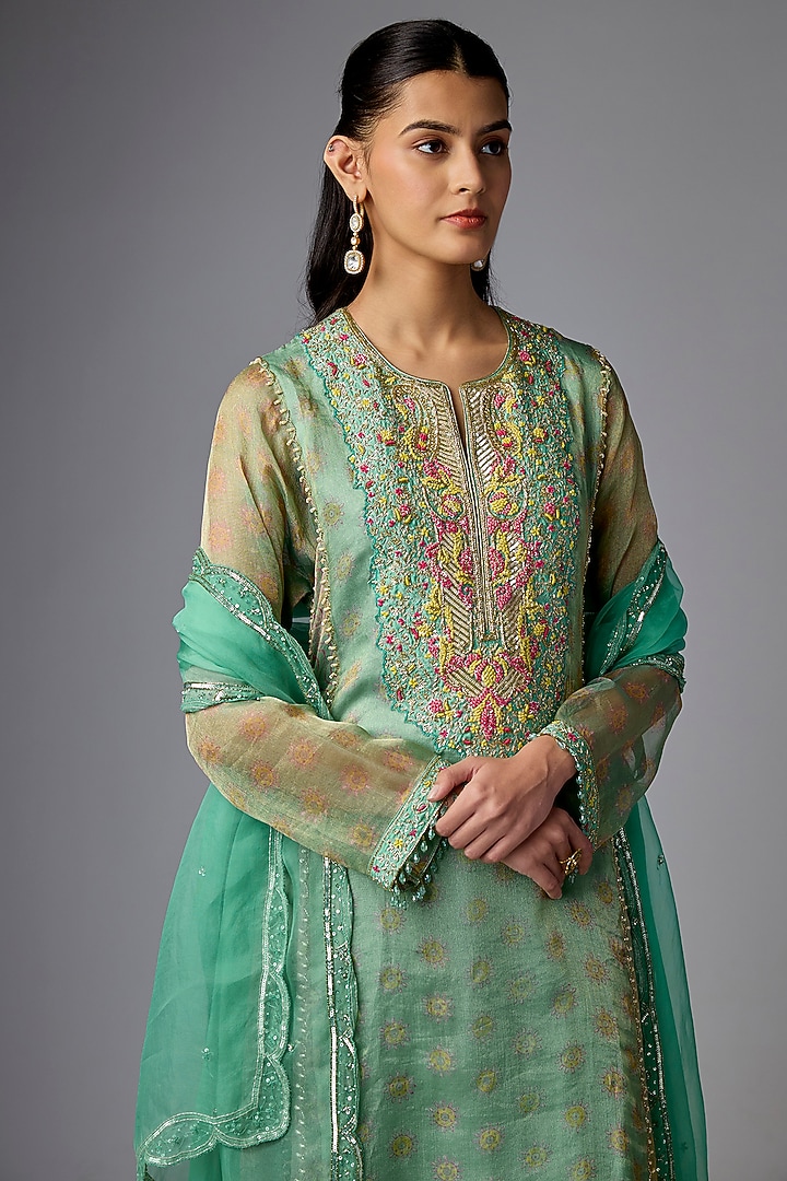 Green Tissue Organza Printed & Sequin Embroidered Kalidar Kurta Set by Prisha's at Pernia's Pop Up Shop