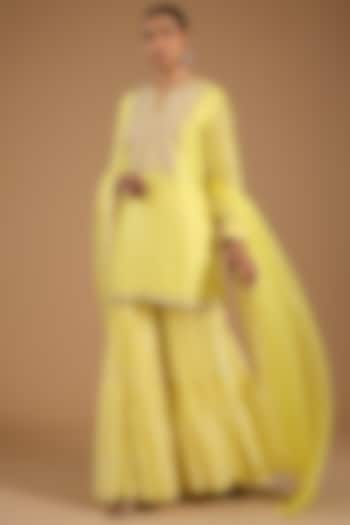 Yellow Kora Silk Tiered Wedding Sharara Set by Prisha's at Pernia's Pop Up Shop