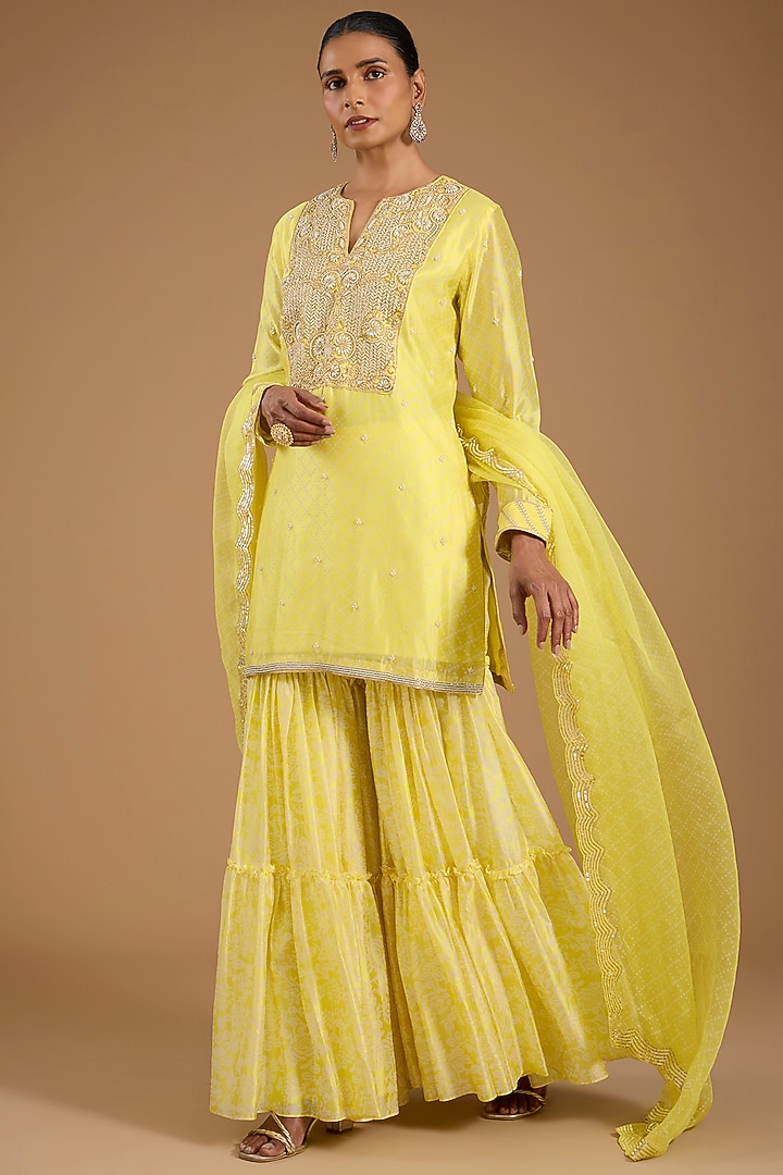 Yellow Kora Silk Tiered Wedding Sharara Set by Prisha's at Pernia's Pop Up Shop