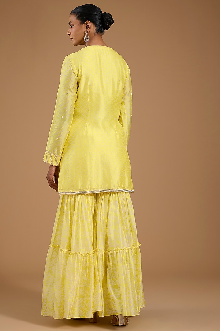 Yellow Kora Silk Tiered Wedding Sharara Set by Prisha's at Pernia's Pop Up Shop