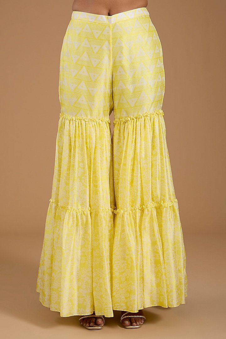 Yellow Kora Silk Tiered Wedding Sharara Set by Prisha's at Pernia's Pop Up Shop